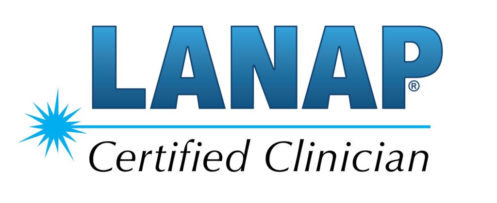 Logo reading "LANAP Certified Clinician" in bold blue lettering, accompanied by a stylized blue laser graphic.